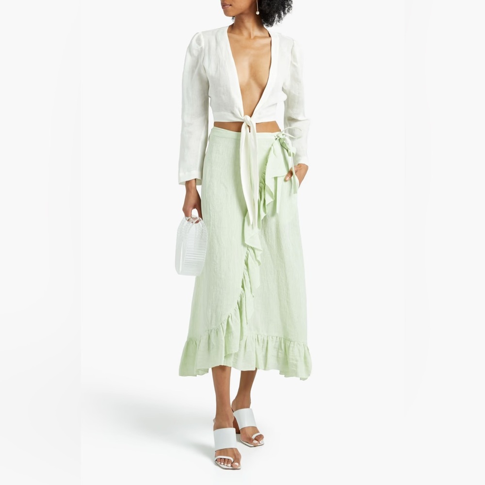 Lisa Marie Fernandez Ruffled metallic green linen wrap skirt